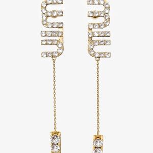 Miu Miu Gold Tone Crystal Logo Embellished Drop Earrings
